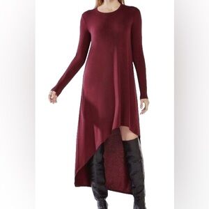 BCBGMAXAZRIA "Miney" high-low knit maxi dress in a maroon/burgundy color